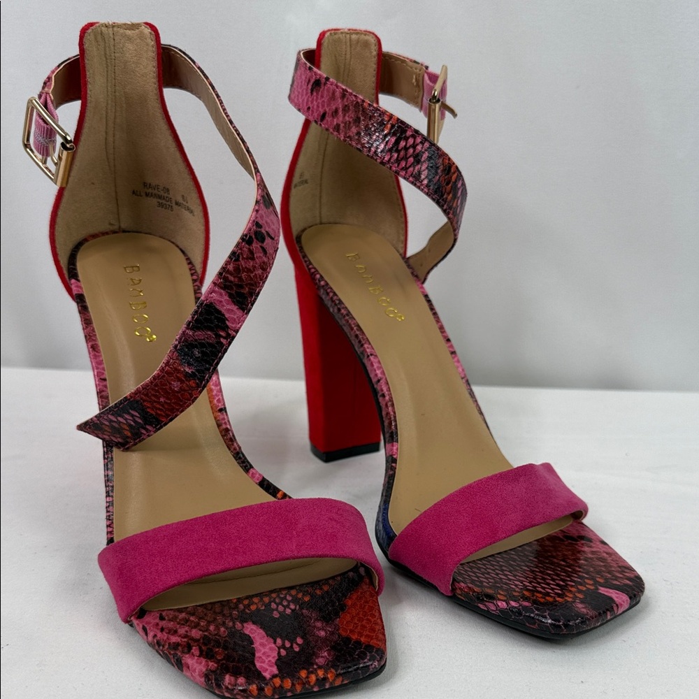BAMBOO Pink and Red Snakeskin Heels